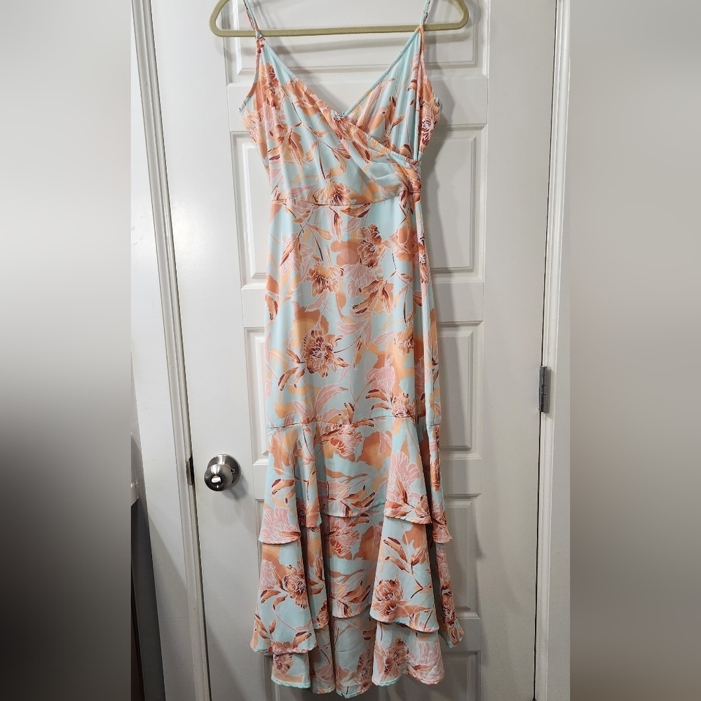 Leith Floral Wrap Dress in Light Blue and Peach
